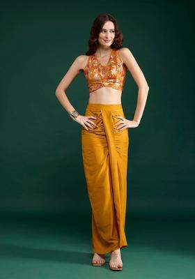 Mustard Printed Blouse with Cowl Skirt Set of 2 for Women Festive Wear