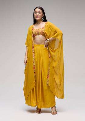 Mustard Silk Floral Print Bustier Skirt and Cape Set of 3 for Women Wedding Wear