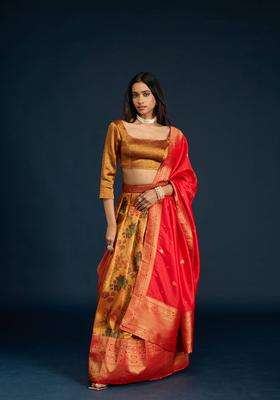 Mustard Tissue Brocade Semi Stitched Lehenga Unstitched Blouse and Dupatta for Women Festive Wear