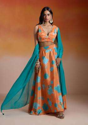 Navy Blue Crepe Floral Printed Waistcoat and Skirt Set of 2 for Women Festive Wear