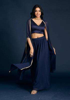 Navy Brocade Blouse Skirt and Cape Set of 3 for Women Festive Wear