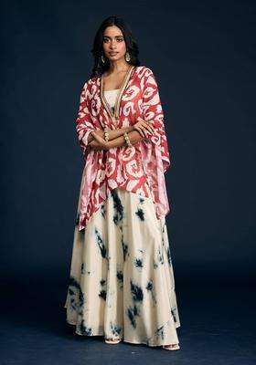 Off White Shibori Lehenga Blouse and Cape Set of 3 for Women Festive Wear