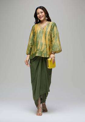 Olive Poly Silk Shibori Embellished Kurta with Drape Skirt Set of 2 for Women Festive Wear