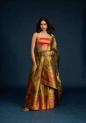 Olive Tissue Semi Stitched Lehenga Unstitched Blouse and Dupatta for Women Festive Wear