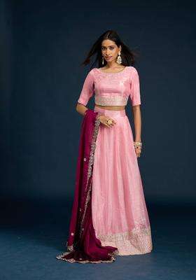 Pink Embroidered Semi Stitched Lehenga Unstitched Blouse and Dupatta for Women Festive Wear