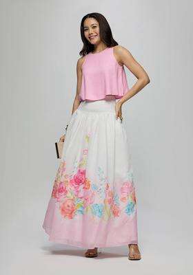 Pink Rayon Crop Top with Chanderi Floral Skirt Set of 2 for Women Fusion Wear