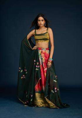 Pink Tissue Brocade Semi Stitched Lehenga Unstitched Blouse and Dupatta for Women Festive Wear