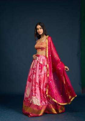 Pink Tissue Brocade Semi Stitched Lehenga Unstitched Blouse and Dupatta for Women Festive Wear