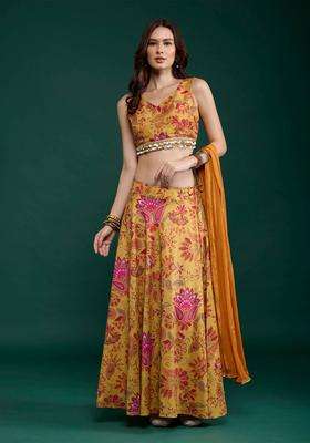 Yellow Floral Print Lehenga Blouse and Dupatta Set of 3 for Women Festive Wear