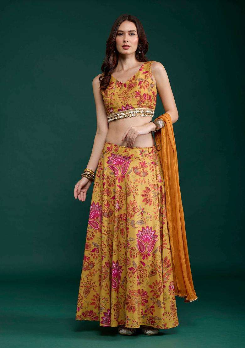 Yellow Floral Print Lehenga Blouse and Dupatta Set of 3 for Women Festive Wear - Indya