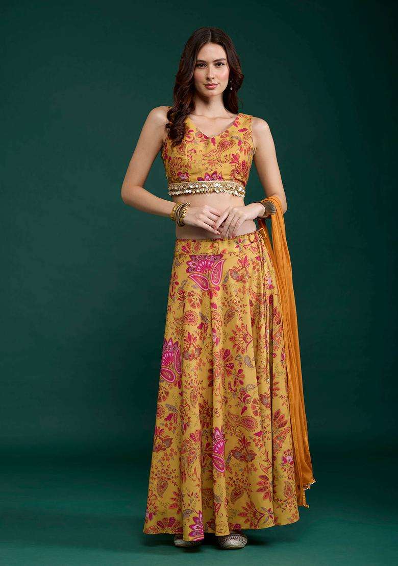Yellow Floral Print Lehenga Blouse and Dupatta Set of 3 for Women Festive Wear - Indya