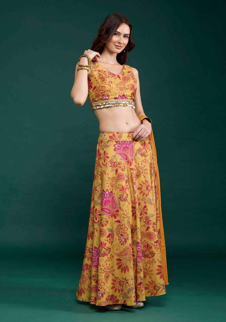 Yellow Floral Print Lehenga Blouse and Dupatta Set of 3 for Women Festive Wear - Indya
