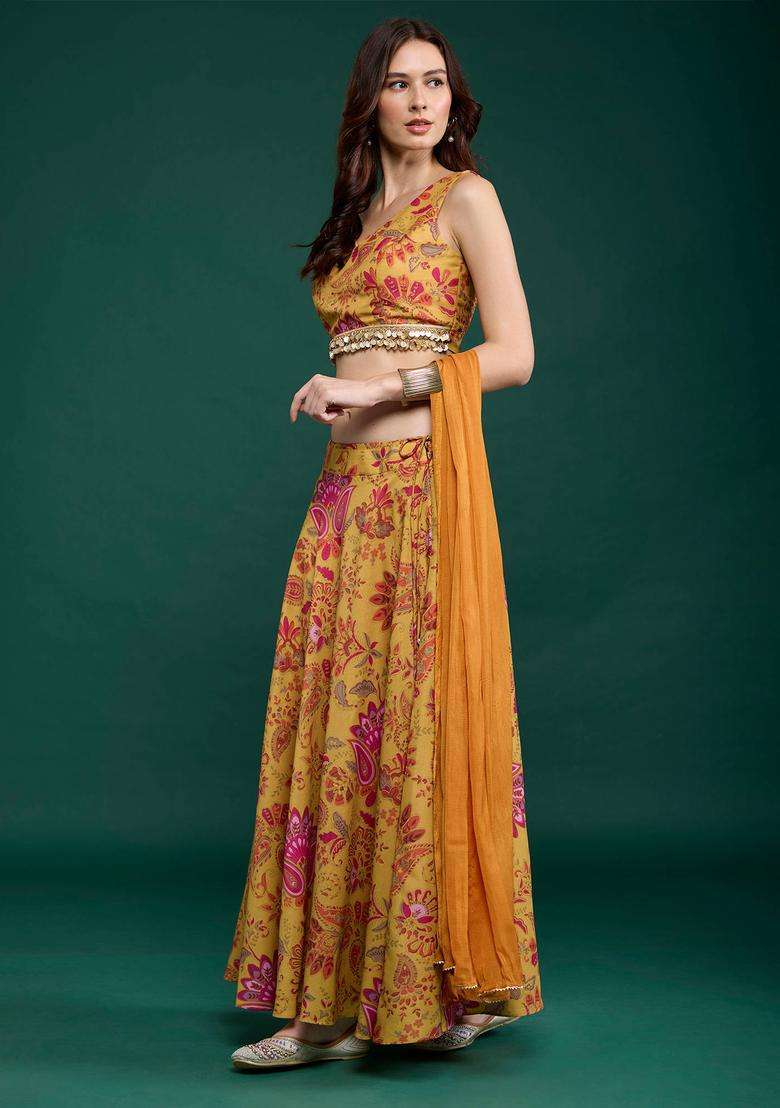 Yellow Floral Print Lehenga Blouse and Dupatta Set of 3 for Women Festive Wear - Indya