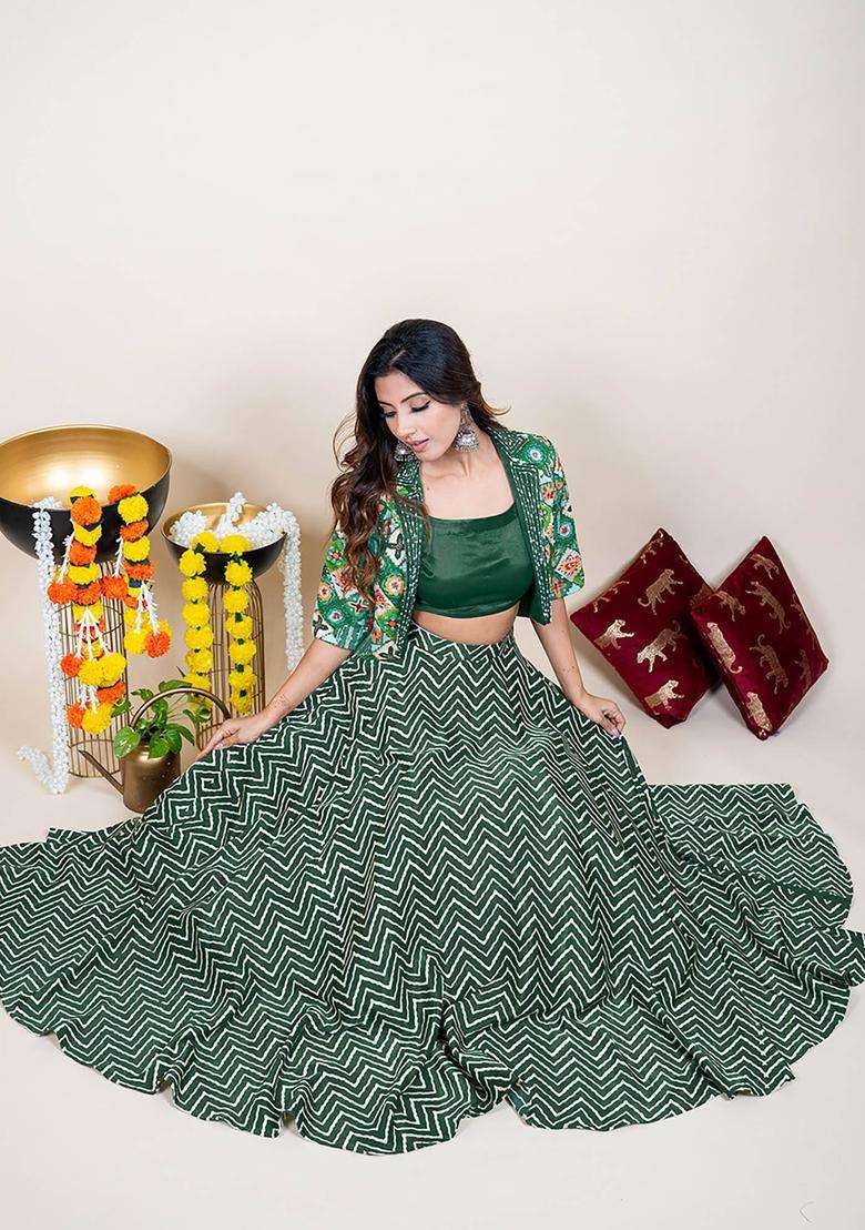 Enchanting Green Silk Bustier and Lehenga Set with Hand Embroidered Jacket Set of 3 for Women Festive Wear - Indya