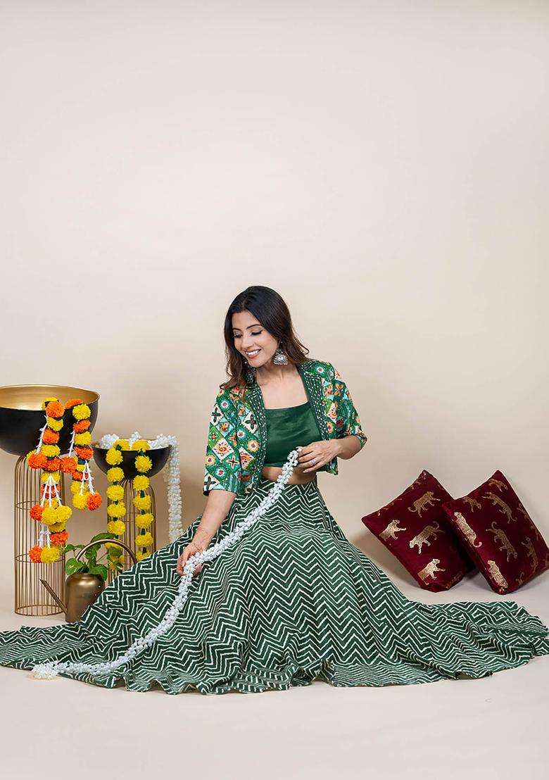 Enchanting Green Silk Bustier and Lehenga Set with Hand Embroidered Jacket Set of 3 for Women Festive Wear - Indya