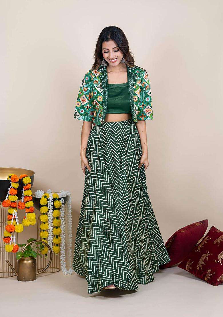 Enchanting Green Silk Bustier and Lehenga Set with Hand Embroidered Jacket Set of 3 for Women Festive Wear - Indya