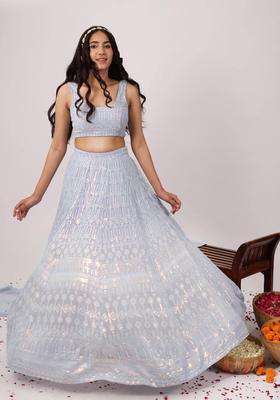 Blue Lavish Heavy Embroidered Chikankari Lehenga and Choli Set of 2 for Women Wedding Wear