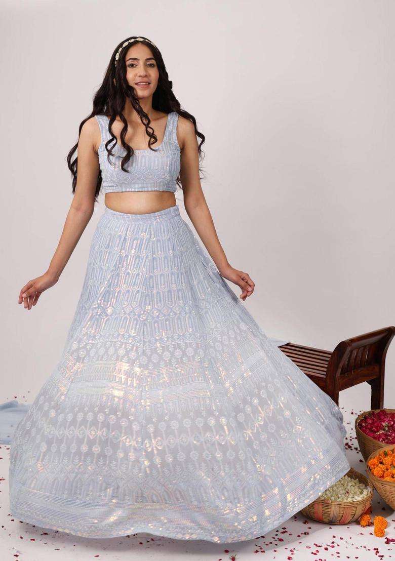 Blue Lavish Heavy Embroidered Chikankari Lehenga and Choli Set of 2 for Women Wedding Wear - Indya