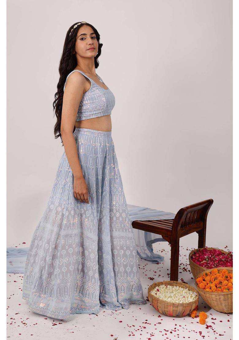 Blue Lavish Heavy Embroidered Chikankari Lehenga and Choli Set of 2 for Women Wedding Wear - Indya