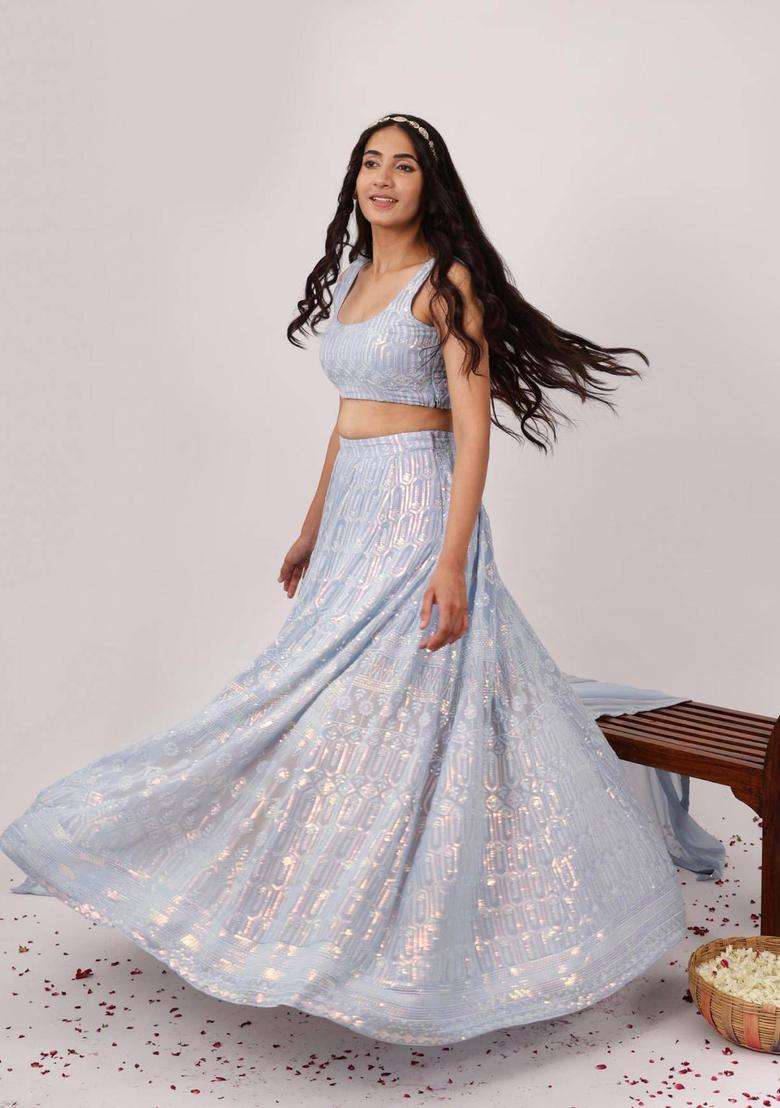 Blue Lavish Heavy Embroidered Chikankari Lehenga and Choli Set of 2 for Women Wedding Wear - Indya