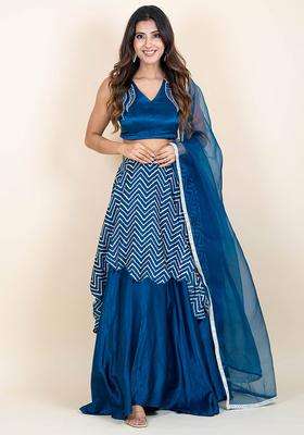 Rich Blue Silk Hand Embroidered Blouse and Double Skirt Lehenga with Dupatta Set of 3 for Women Festive Wear