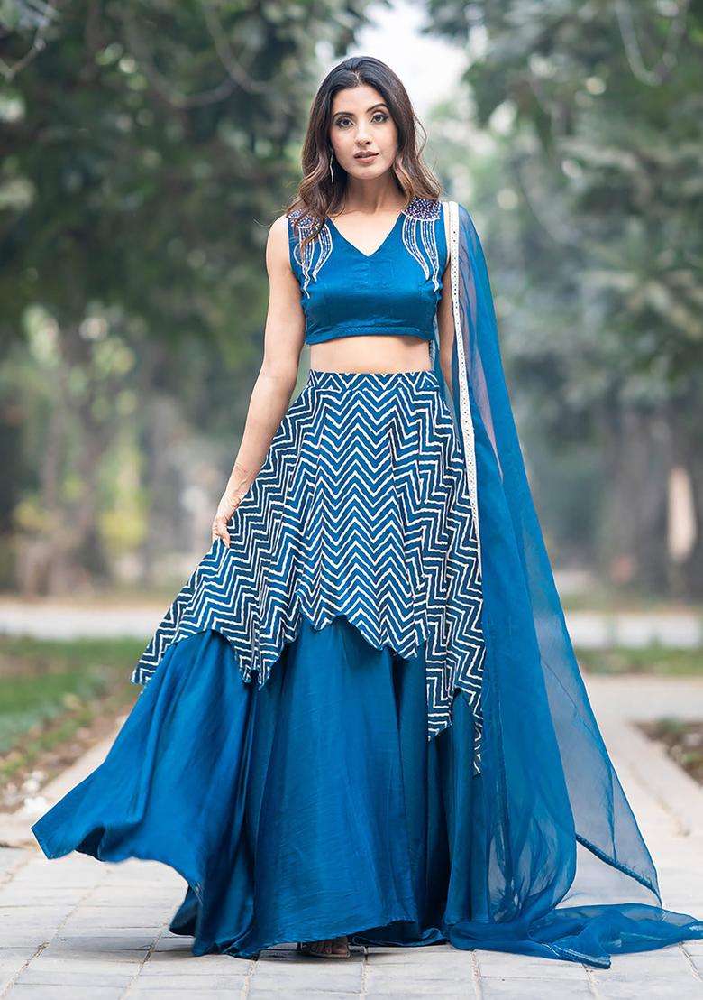 Rich Blue Silk Hand Embroidered Blouse and Double Skirt Lehenga with Dupatta Set of 3 for Women Festive Wear - Indya