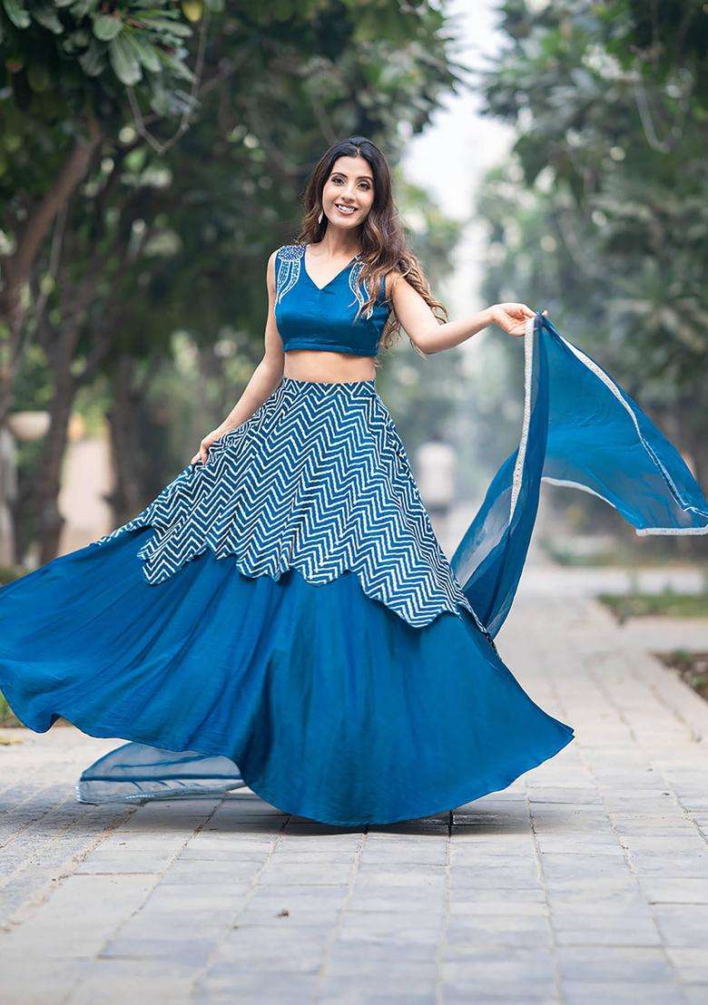 Rich Blue Silk Hand Embroidered Blouse and Double Skirt Lehenga with Dupatta Set of 3 for Women Festive Wear - Indya