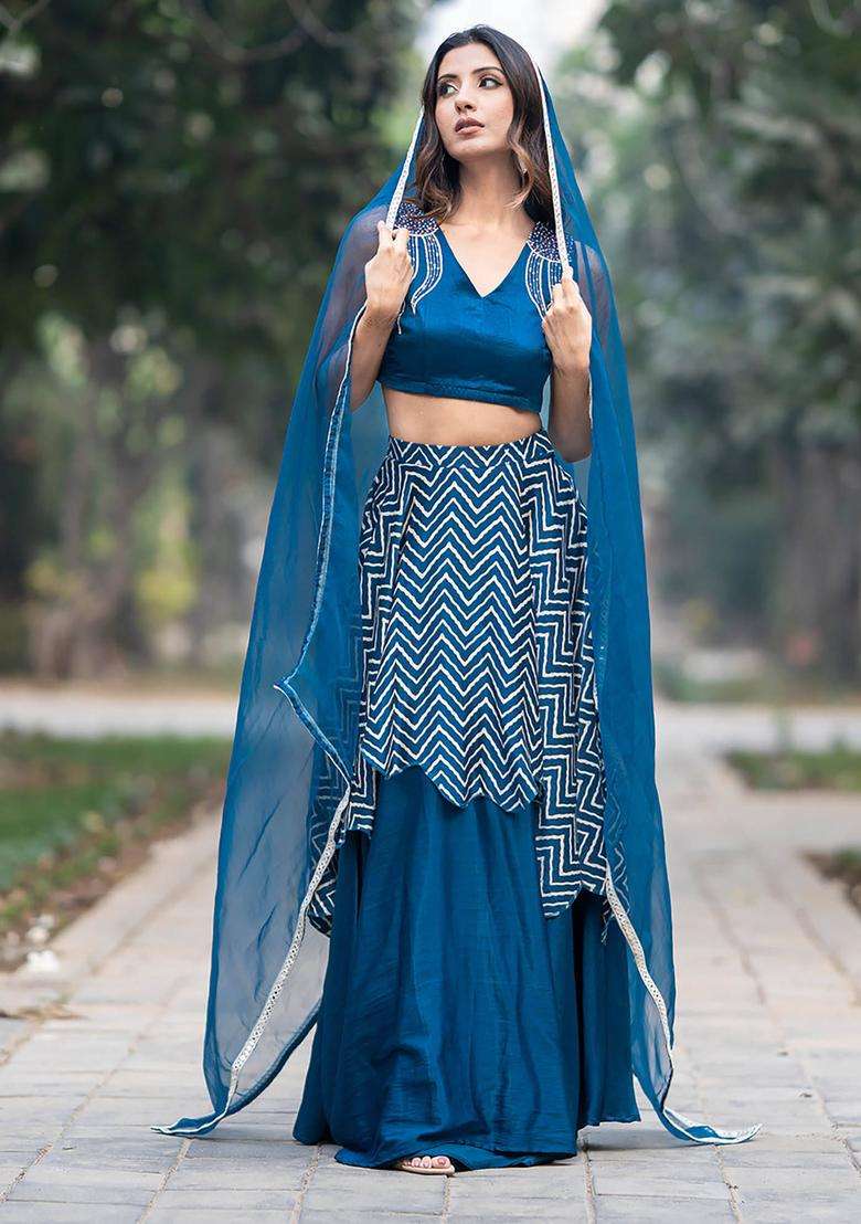 Rich Blue Silk Hand Embroidered Blouse and Double Skirt Lehenga with Dupatta Set of 3 for Women Festive Wear - Indya