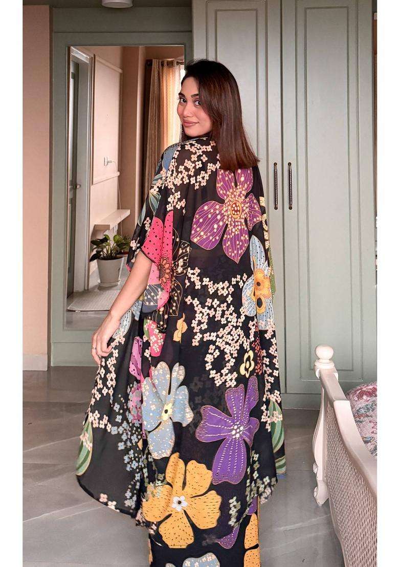 Black Printed Georgette Lehenga Set - Indya