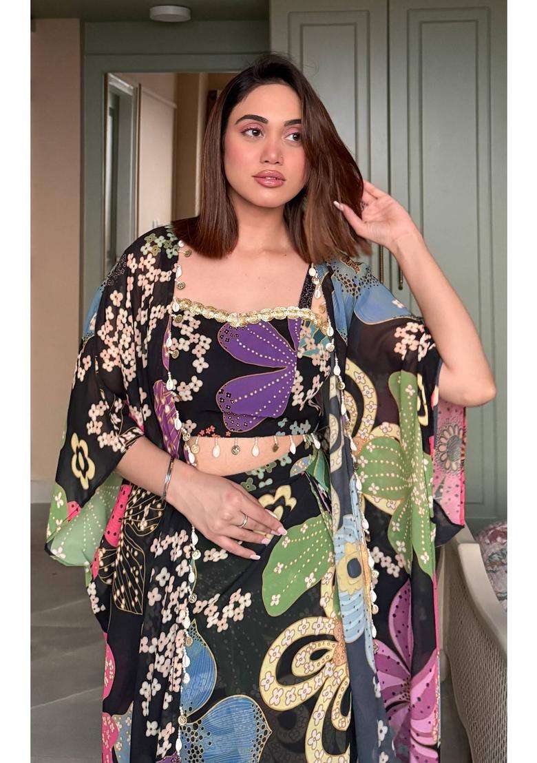 Black Printed Georgette Lehenga Set - Indya