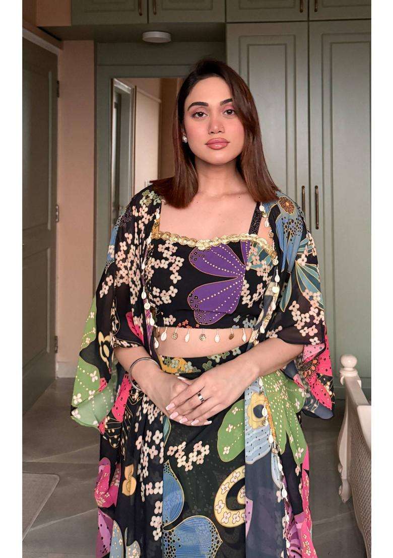 Black Printed Georgette Lehenga Set - Indya