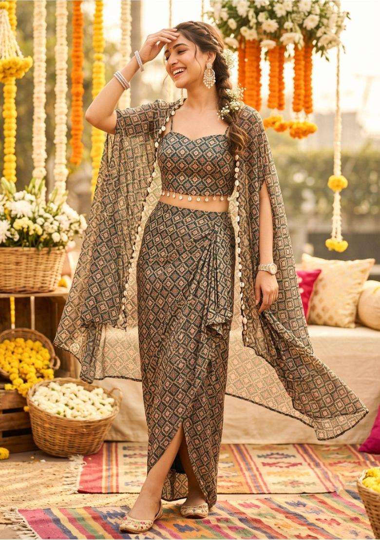 Green Geometric Georgette Lehenga Set - Indya