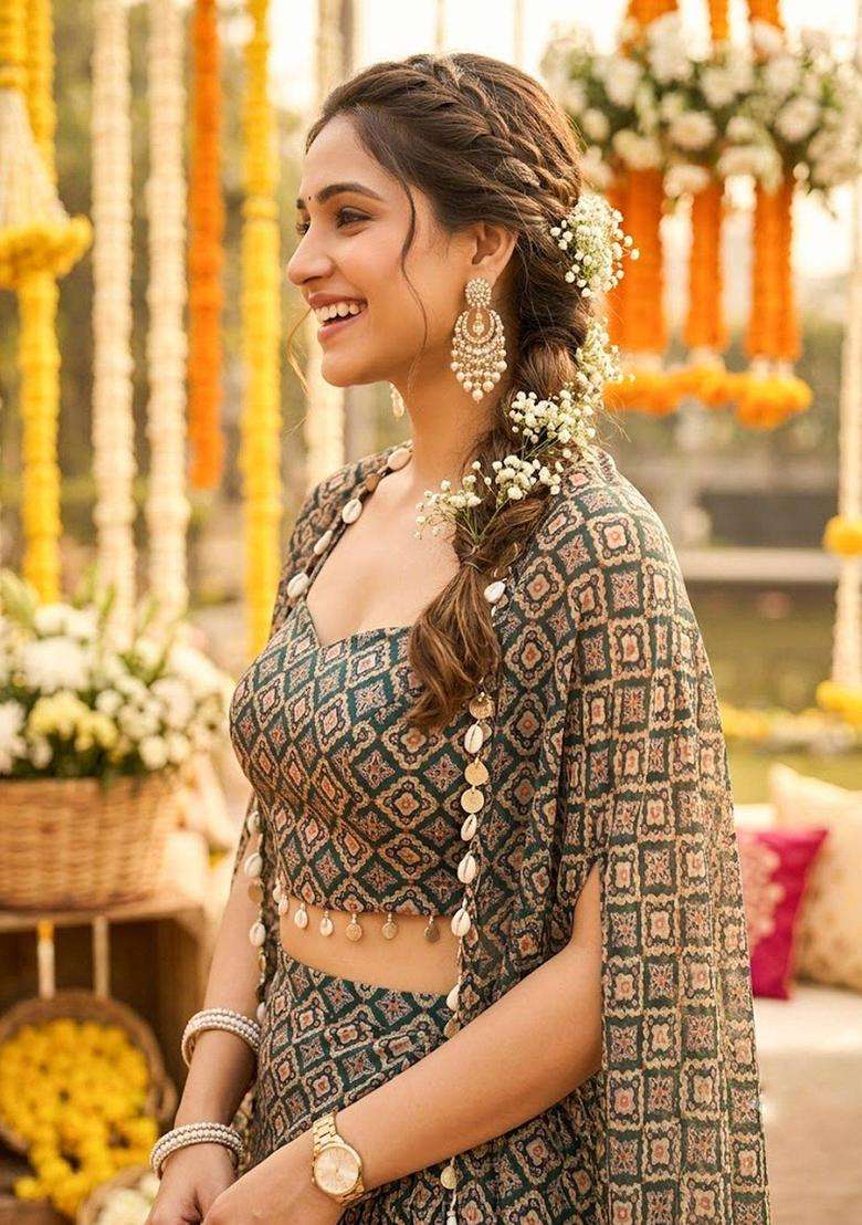 Green Geometric Georgette Lehenga Set - Indya
