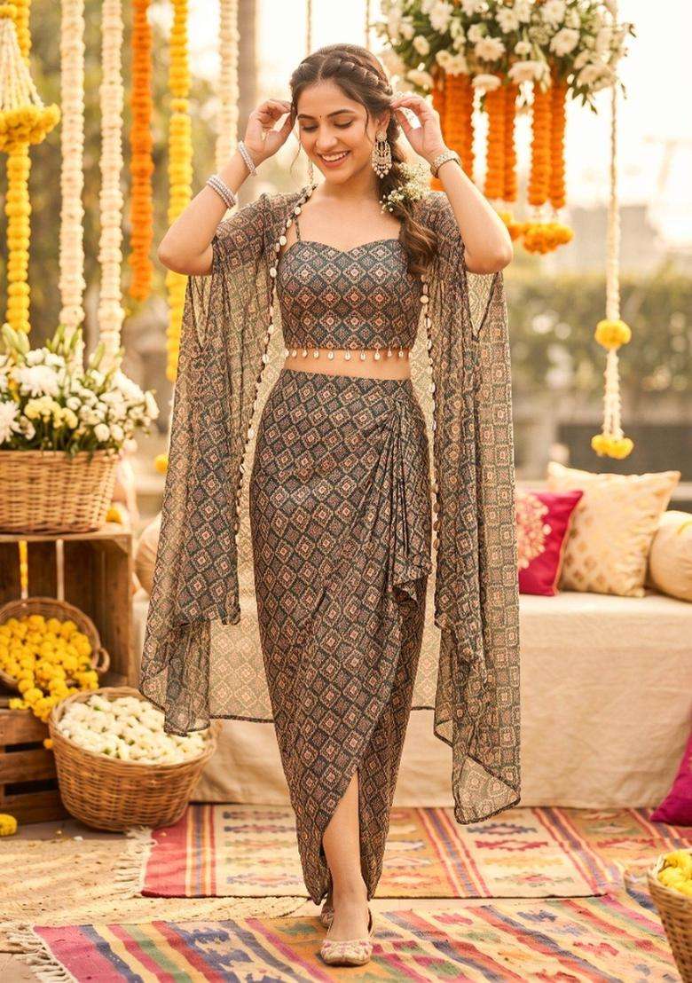 Green Geometric Georgette Lehenga Set - Indya