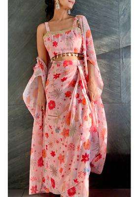 Pink Printed Polyester Lehenga Set