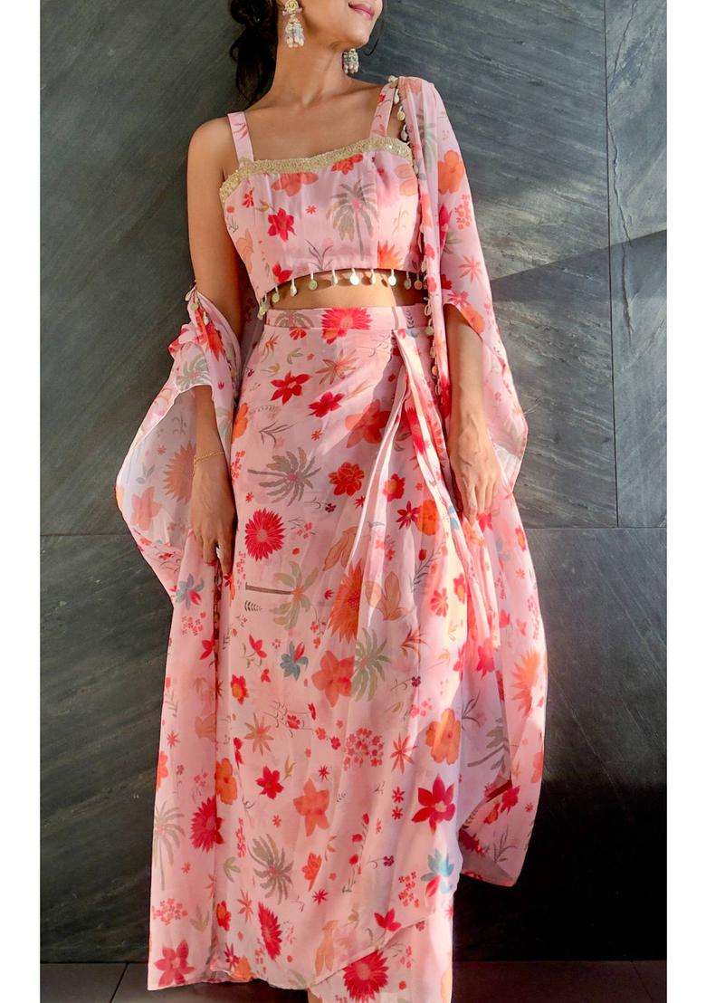 Pink Printed Polyester Lehenga Set - Indya