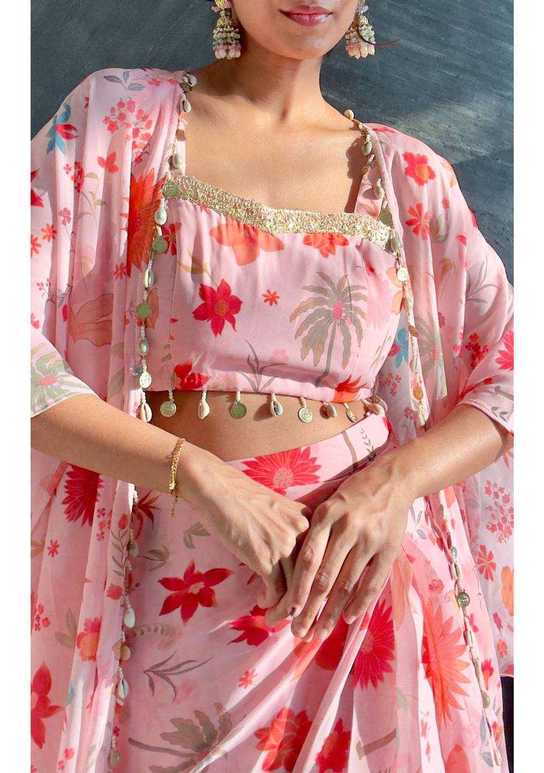 Pink Printed Polyester Lehenga Set - Indya