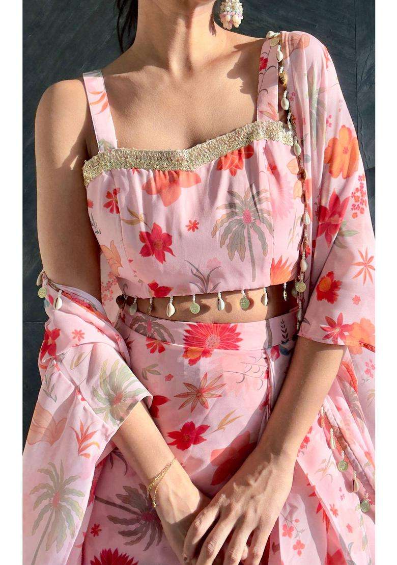 Pink Printed Polyester Lehenga Set - Indya