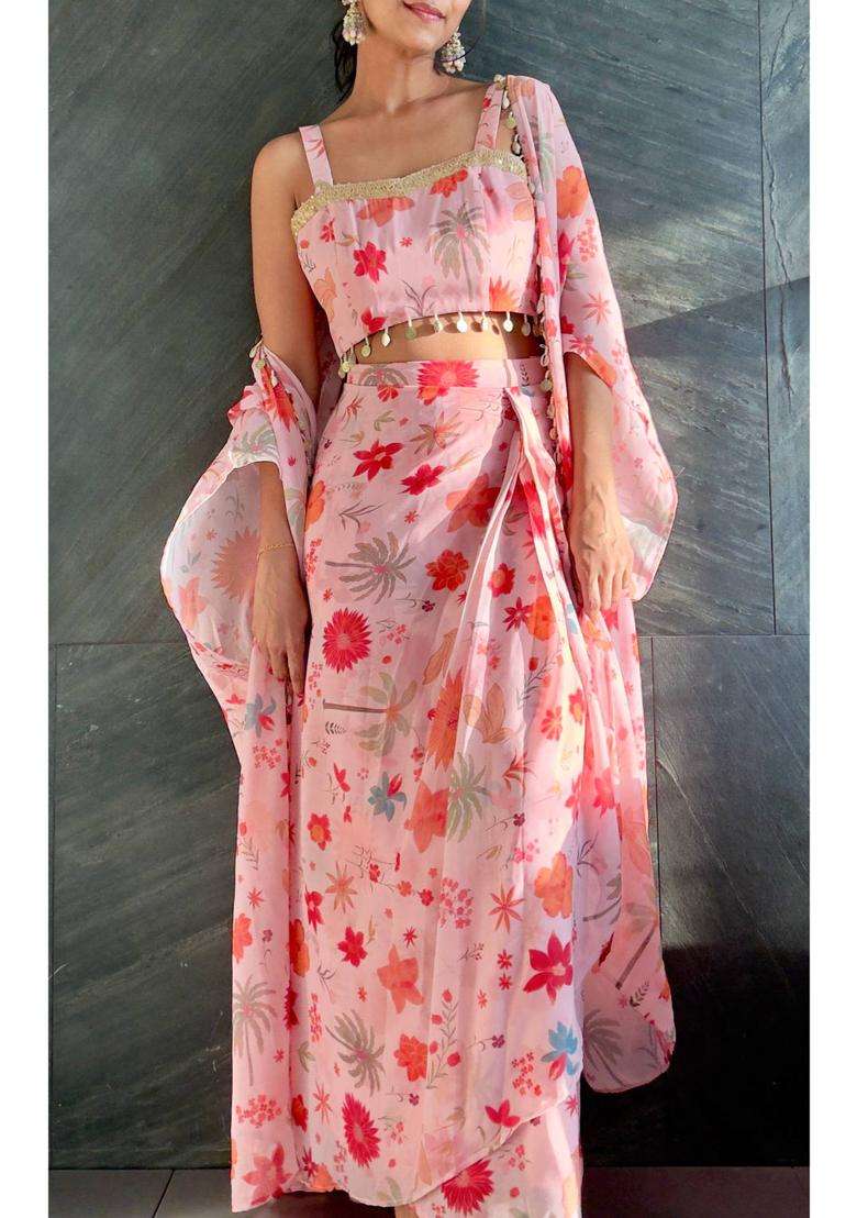 Pink Printed Polyester Lehenga Set - Indya