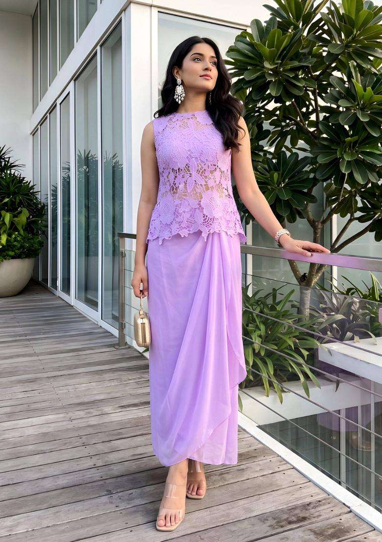 Purple Self Design Georgette Lehenga Set - Indya