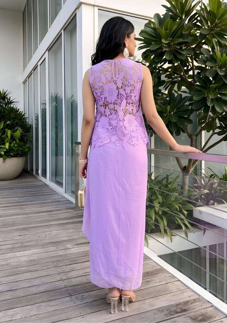 Purple Self Design Georgette Lehenga Set - Indya