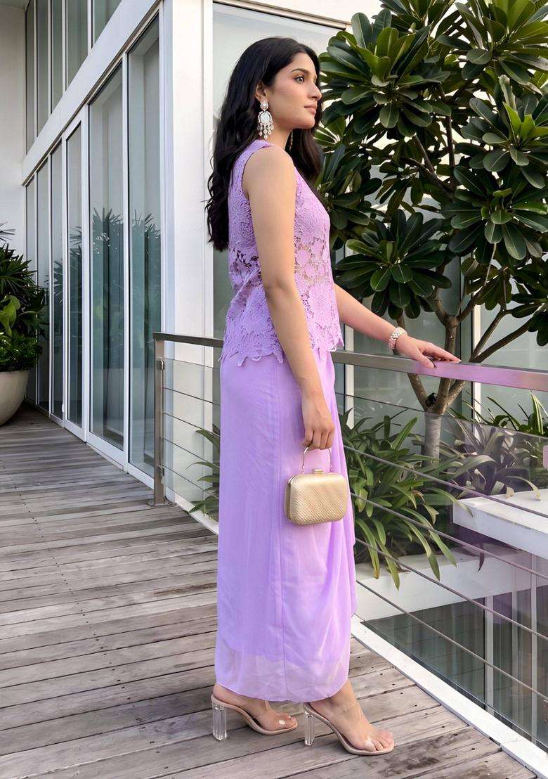 Purple Self Design Georgette Lehenga Set - Indya