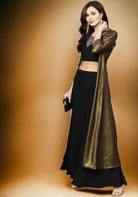 Black Printed Crepe Lehenga Set