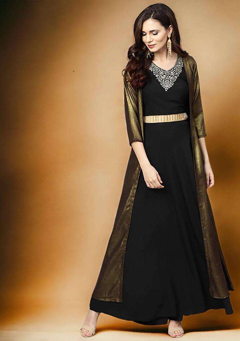 Black Printed Crepe Lehenga Set - Indya