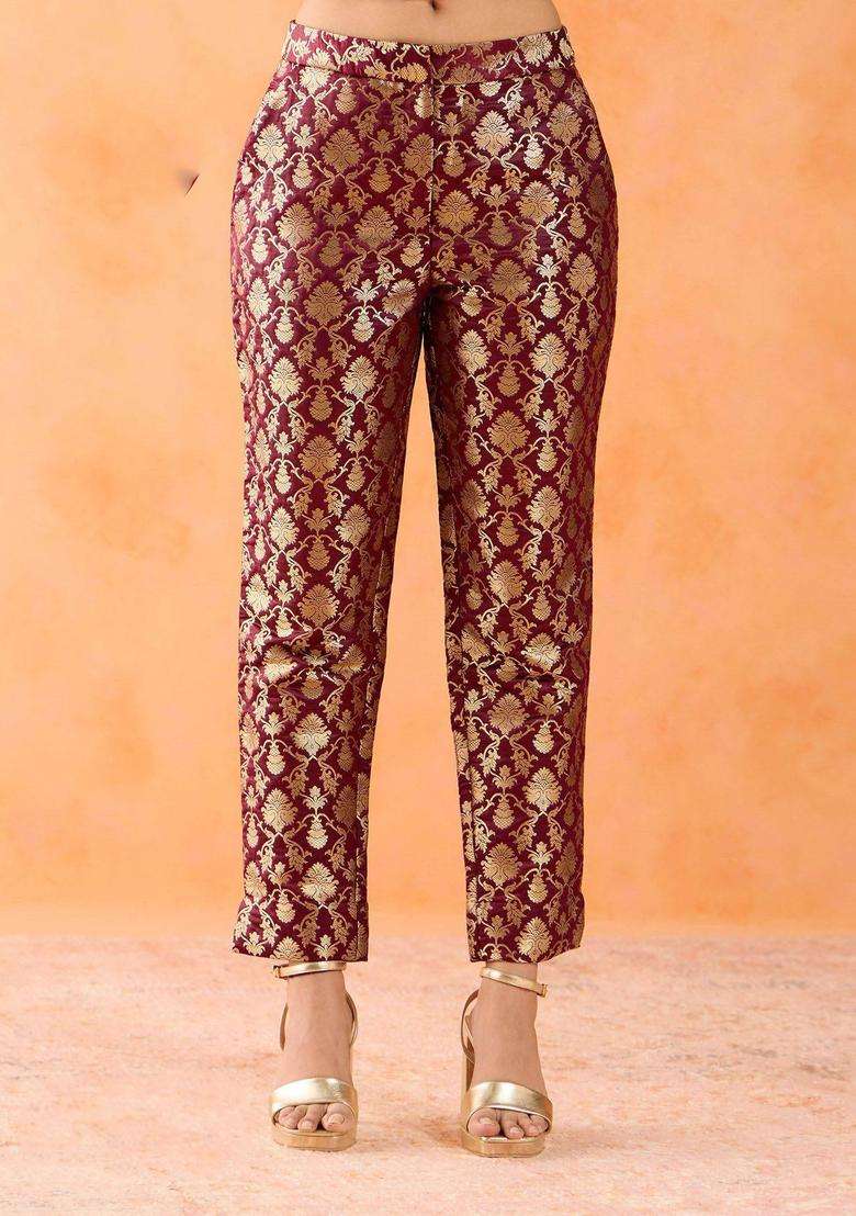 Zari Brocade Maroon Slim Fit Pant for Women Casual Wear - Indya