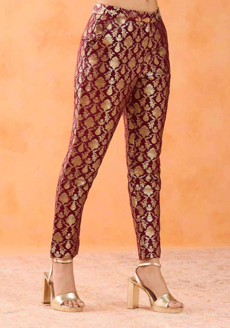 Zari Brocade Maroon Slim Fit Pant for Women Casual Wear - Indya