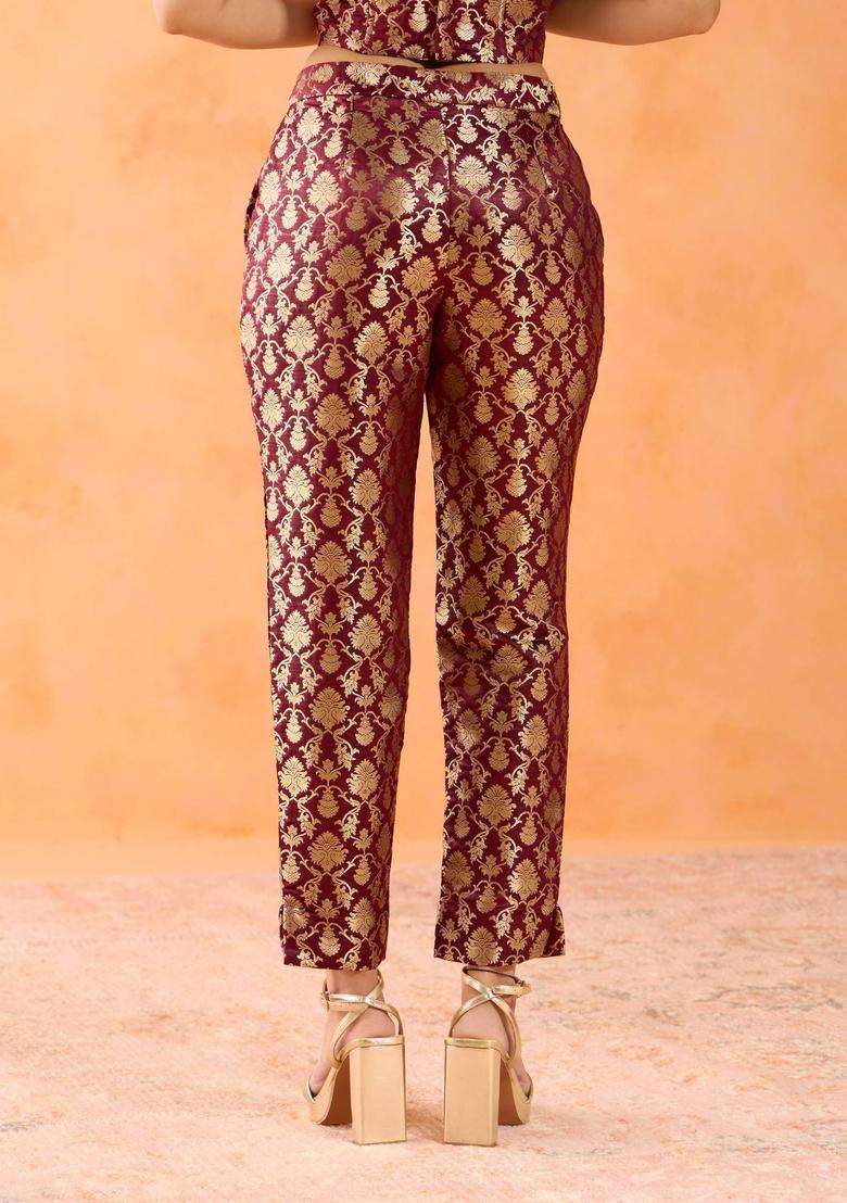 Zari Brocade Maroon Slim Fit Pant for Women Casual Wear - Indya