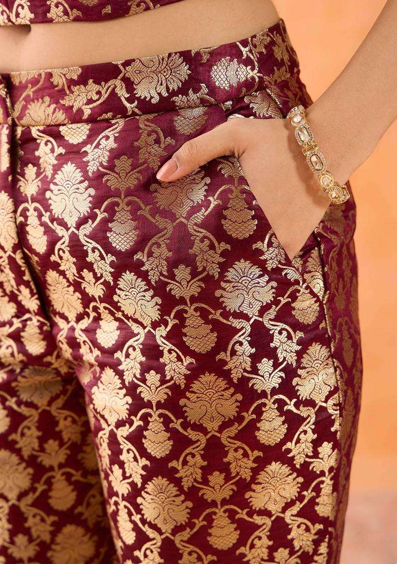 Zari Brocade Maroon Slim Fit Pant for Women Casual Wear - Indya