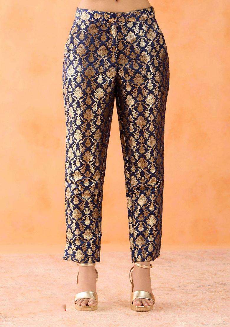 Zari Brocade Navy Blue Slim Fit Pant for Women Casual Wear - Indya
