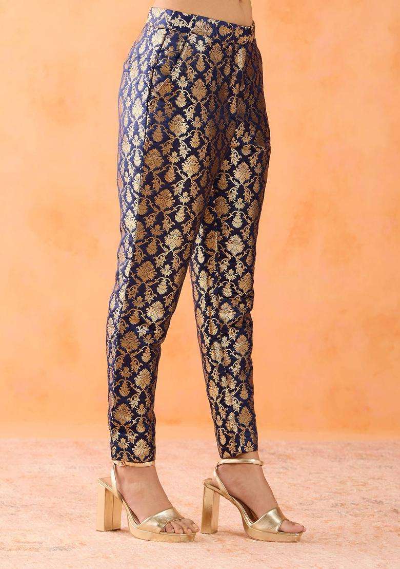 Zari Brocade Navy Blue Slim Fit Pant for Women Casual Wear - Indya